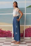 Ikai By Ragini Ahuja_Blue Cotton Silk, Thin Chanderi Bralette V Neck Crop Top Round Kaftan With _Online_at_Aza_Fashions