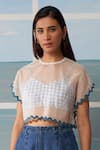 Buy_Ikai By Ragini Ahuja_Blue Cotton Silk, Thin Chanderi Bralette V Neck Crop Top Round Kaftan With _at_Aza_Fashions