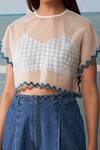 Shop_Ikai By Ragini Ahuja_Blue Cotton Silk, Thin Chanderi Bralette V Neck Crop Top Round Kaftan With _Online_at_Aza_Fashions