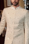 Shop_Sawan Gandhi_White Georgette And Raw Silk Embroidery Thread & Mirror Sherwani & Pant Set _at_Aza_Fashions