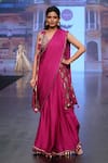 Shop_Soniya G_Fuchsia Pure Silk Blend Embroidery Floral V Neck Pre-draped Saree With Blouse _Online_at_Aza_Fashions