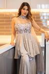 Shop_Silky Bindra_Grey Crepe, Shantoon, Tulle Net Round Embroidered Peplum Kurta And Sharara Set _Online_at_Aza_Fashions