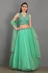 Buy Asaga Green Linen Satin Organza V Neck Embroidered Lehenga Set at Aza Fashions Buy_Asaga_Green Linen Satin Organza V Neck Embroidered Lehenga Set _at_Aza_Fashions