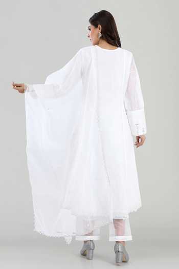 Shop_Asaga_White Cotton Pant Mul Cotton Dupatta Organza, Kurta Chanderi Silk Round Set _at_Aza_Fashions