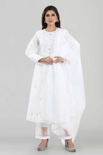 Buy_Asaga_White Cotton Pant Mul Cotton Dupatta Organza, Kurta Chanderi Silk Round Set _at_Aza_Fashions