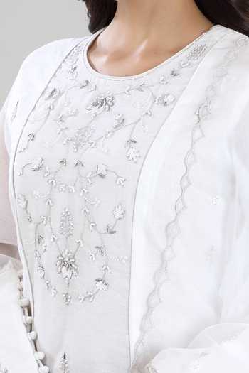 Asaga_White Cotton Pant Mul Cotton Dupatta Organza, Kurta Chanderi Silk Round Set _Online_at_Aza_Fashions