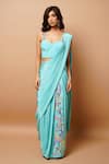 Ahi Clothing_Blue Natural Crepe Embroidery Thread Work Pre-draped Kali Saree With Bustier _at_Aza_Fashions