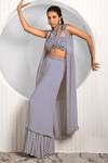 Shop_Jade By Ashima_Purple Crepe Beads, Pearls Square Neck, Halter Fennel Embroidered Shrug Pant Set _Online_at_Aza_Fashions
