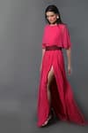 Buy_Swatee Singh_Fuchsia Georgette Solid Bateau Neck Slit Gown 