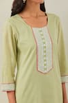 The Indian Cause_Green Cotton Embroidery, Sequins Round Neck Rozana Placket Straight Kurta _at_Aza_Fashions