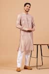 Shop_Hilo Design_Beige Cotton, Lycra, Silk Embroidery Florne Mandarin Collar Kurta Set _Online_at_Aza_Fashions