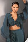 Buy_Jade By Ashima_Blue Organza, Crepe Embroidery, Tassels, Floral Blouse And Draped Skirt Set 