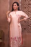 Geetika Jain_Peach Kurta  Slub Silk Hand Embroidered Floral Sequins Pant Set  _Online_at_Aza_Fashions