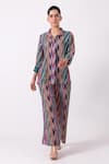 Label Shreya Sharma Multi Color Linen Embroidery Collared Ikat Print Jacket And Pant Set at Aza Fashions Label Shreya Sharma_Multi Color Linen Embroidery Collared Ikat Print Jacket And Pant Set_at_Aza_Fashions