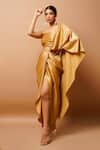 Ahi Clothing_Gold Shimmer Lycra Solid Square Neck Front Pleated Bustier And Skirt Set _at_Aza_Fashions