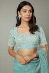 I Am Design_Blue Raw , Organza Floral Peppermint Candy Embroidered Saree Set _at_Aza_Fashions