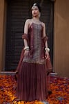 Kritika Dawar_Brown Silk, Chiffon, Tissue Embroidery, Mirrors Thread And Kurta Sharara Set _Online_at_Aza_Fashions