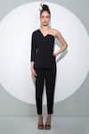 Pocketful Of Cherrie_Black Crepe Plain One Shoulder Notched Lapel Solid Asymmetric Jumpsuit _Online_at_Aza_Fashions