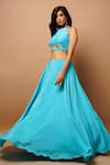 AHI Clothing_Blue Heavy Crepe Hand Embroidered Zardosi Halter Kimono Shrug And Lehenga Set _at_Aza_Fashions