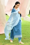 Seher Jaipur_Blue Cotton Slub And Chiffon Thread Round Jiya Floral Embroidered Kurta Pant Set _Online_at_Aza_Fashions