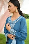 Buy_Seher Jaipur_Blue Cotton Slub And Chiffon Thread Round Jiya Floral Embroidered Kurta Pant Set _Online_at_Aza_Fashions