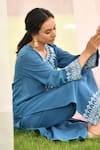 Shop_Seher Jaipur_Blue Cotton Slub And Chiffon Thread Round Jiya Floral Embroidered Kurta Pant Set _Online_at_Aza_Fashions