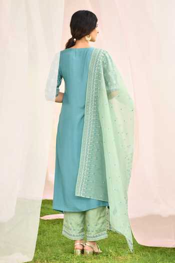 Shop_Seher Jaipur_Green Muslin Silk, Dupatta Organza, Lining Cotton Leaf Embroidered Kurta Set _at_Aza_Fashions
