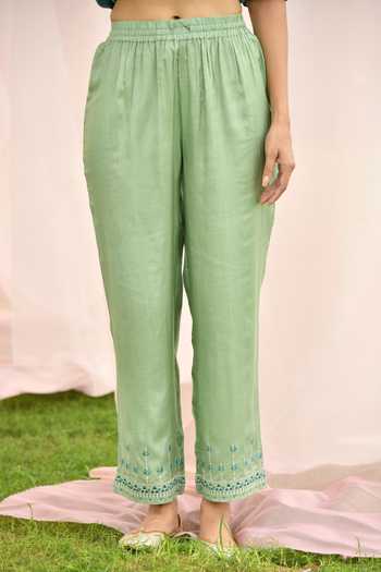 Shop_Seher Jaipur_Green Muslin Silk, Dupatta Organza, Lining Cotton Leaf Embroidered Kurta Set _Online_at_Aza_Fashions