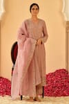 Buy_Seher Jaipur_Pink Muslin Silk Embroidered Thread Work V Neck Gul Floral Kurta Set For Women_at_Aza_Fashions