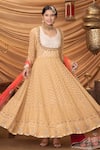 Ruh Clothing_Beige Banarasi Georgette Embroidered Zari Notched Iahanya Anarkali With Dupatta _Online_at_Aza_Fashions