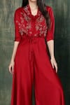 Whimsical By Shica_Red Heavy Silk Satin Hand Embroidery French Knots V Neck Tie-up Jumpsuit _Online_at_Aza_Fashions