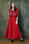 Buy_Whimsical By Shica_Red Heavy Silk Satin Hand Embroidery French Knots V Neck Tie-up Jumpsuit _Online_at_Aza_Fashions