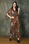 Buy_Whimsical By Shica_Brown Organza Satin Printed Ditsy V Neck Jumpsuit _Online_at_Aza_Fashions