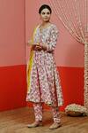 Buy_Myaara_Peach Kurta And Pant Cotton Handblock Rose Notched Hand Print Set _Online_at_Aza_Fashions