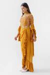 Suruchi Parakh_Yellow Crepe Printed Floral Motif V Neck Draped Ruffle Skirt Set _Online_at_Aza_Fashions