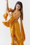 Buy_Suruchi Parakh_Yellow Crepe Printed Floral Motif V Neck Draped Ruffle Skirt Set _Online_at_Aza_Fashions