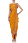 Buy_Tisha Saksena_Yellow Embroidered Floral Boat Neck Pant Saree With Blouse For Women_at_Aza_Fashions