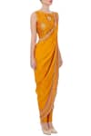 Tisha Saksena_Yellow Embroidered Floral Boat Neck Pant Saree With Blouse For Women_Online_at_Aza_Fashions