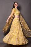 Vara by Vibha n Priti_Yellow Chiffon And Organza Print Floral Round Neck Tiered Lehenga Cape Set _Online_at_Aza_Fashions