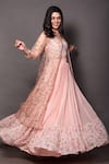 Vara by Vibha n Priti_Peach Chiffon And Organza Print Floral Jacket Round Pleated Lehenga Set _Online_at_Aza_Fashions