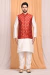 Aryavir Malhotra_Red Jacquard Silk Woven Leaf Bundi And Kurta Set _Online_at_Aza_Fashions