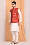 Buy_Aryavir Malhotra_Red Jacquard Silk Woven Leaf Bundi And Kurta Set _Online_at_Aza_Fashions