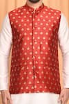 Shop_Aryavir Malhotra_Red Jacquard Silk Woven Leaf Bundi And Kurta Set _Online_at_Aza_Fashions