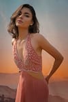 Amrta By Guneet Kondal_Pink Viscose Beads, Sequins Halter Neck Bailey Embroidered Jumpsuit _at_Aza_Fashions