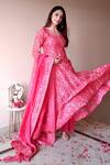 Shop_Shrutkirti_Pink Chanderi Printed Floral V Neck Wrap Anarkali Set _Online_at_Aza_Fashions