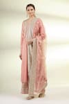 Buy_Gopi Vaid_Pink Dupatta Organza, Kurta And Pant Tussar Silk Thread Notched Embroidered Set _at_Aza_Fashions