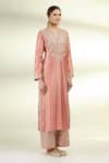 Gopi Vaid_Pink Dupatta Organza, Kurta And Pant Tussar Silk Thread Notched Embroidered Set _Online_at_Aza_Fashions
