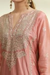 Gopi Vaid_Pink Dupatta Organza, Kurta And Pant Tussar Silk Thread Notched Embroidered Set _at_Aza_Fashions