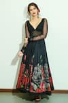 Buy_Rohit Bal_Black Chanderi Floral Print Deep V Neck Gown_at_Aza_Fashions