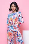 Rhe-Ana_Blue Rayon Printed Blooming Flower Round Knotted Top And Pant Co-ord Set  _Online_at_Aza_Fashions